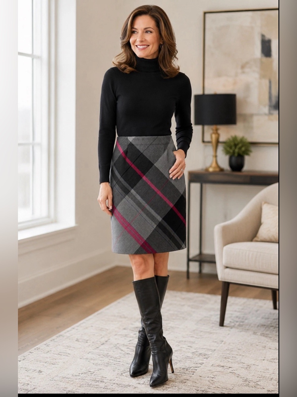 Kenar Women’s 8 100% Wool Plaid Pencil Skirt Gray Black Pink Career 23”